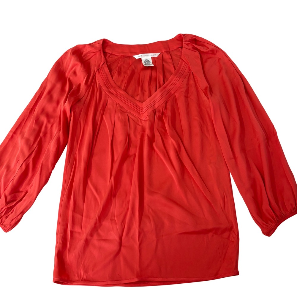 Diane von Furstenberg Coral‎ Orange Silk V-Neck Pleated Blouse S 2 Spring Summer